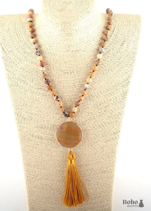 Boho Necklace, RH Amazonite Jasper, Circle Tassel Green White Natural Stone